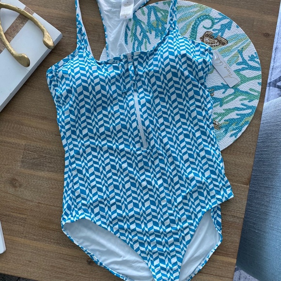 NWT Anne Cole Women's Ripple Geo Scoop Neck Zip Front Racerback Sz 10 One Piece - Picture 9 of 13